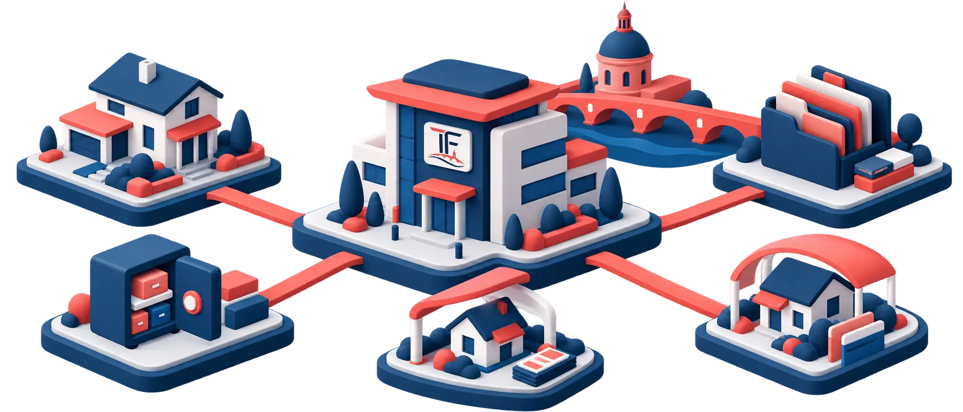 Illustration isométrique de Toulouse : maisons, commerces, pont et dôme reliés au cabinet Toulouse Finances