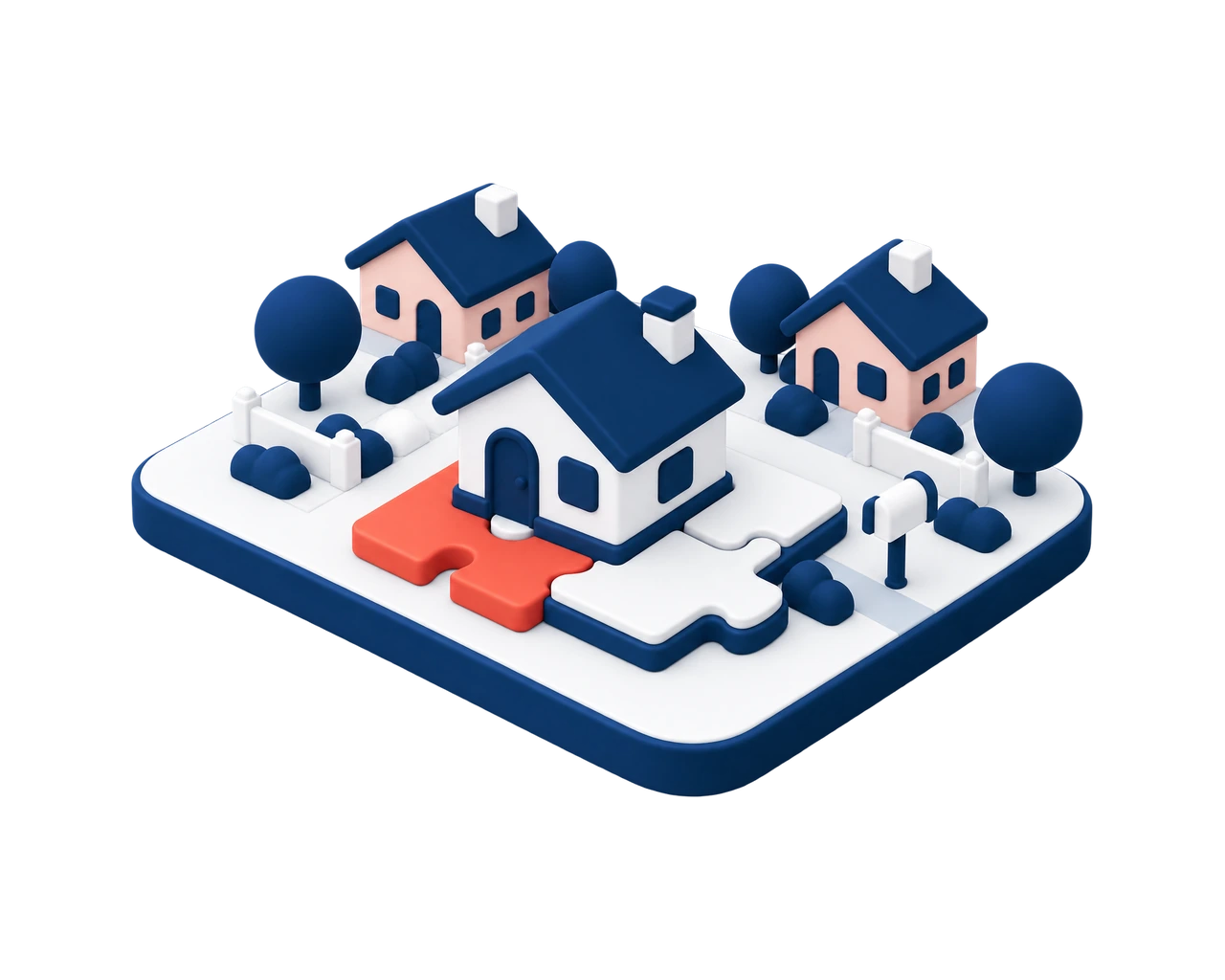 Illustration isométrique : une petite maison posée sur trois pièces de socle qui s'emboîtent, jardin et maisons voisines
