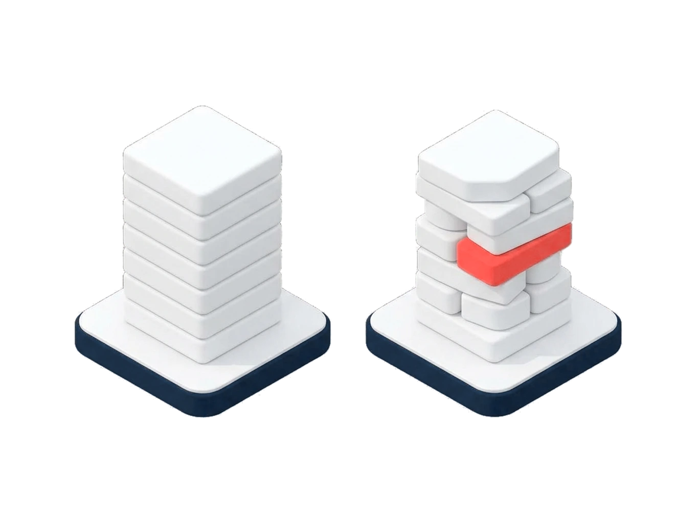 Illustration isométrique : deux piles de documents de même hauteur, dont les blocs internes ont des formes différentes