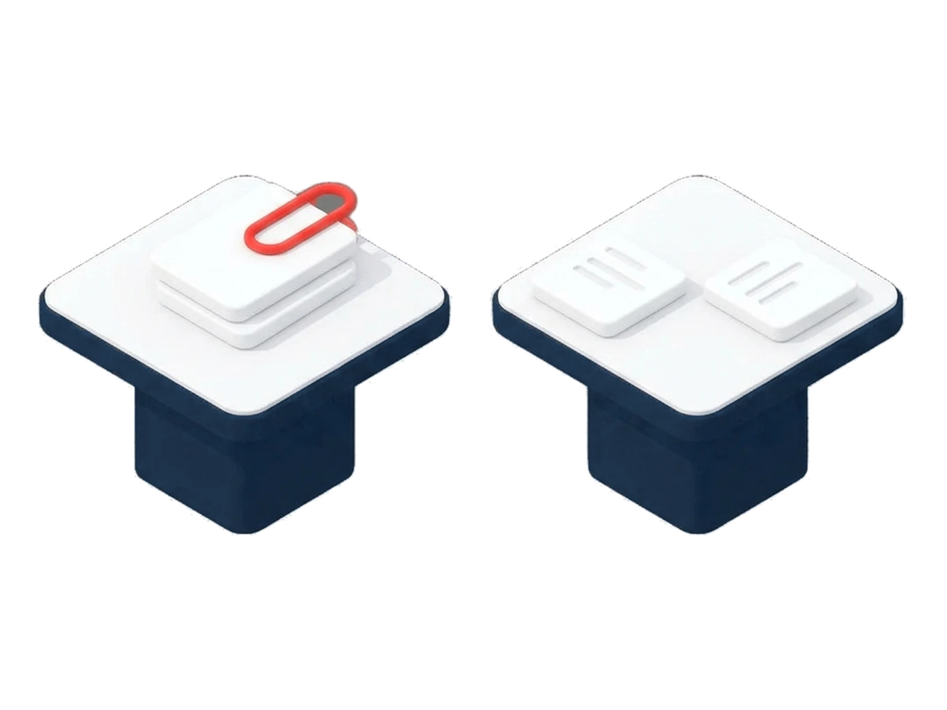 Illustration isométrique : deux paires de documents sur deux socles, l'une attachée par une agrafe, l'autre séparée