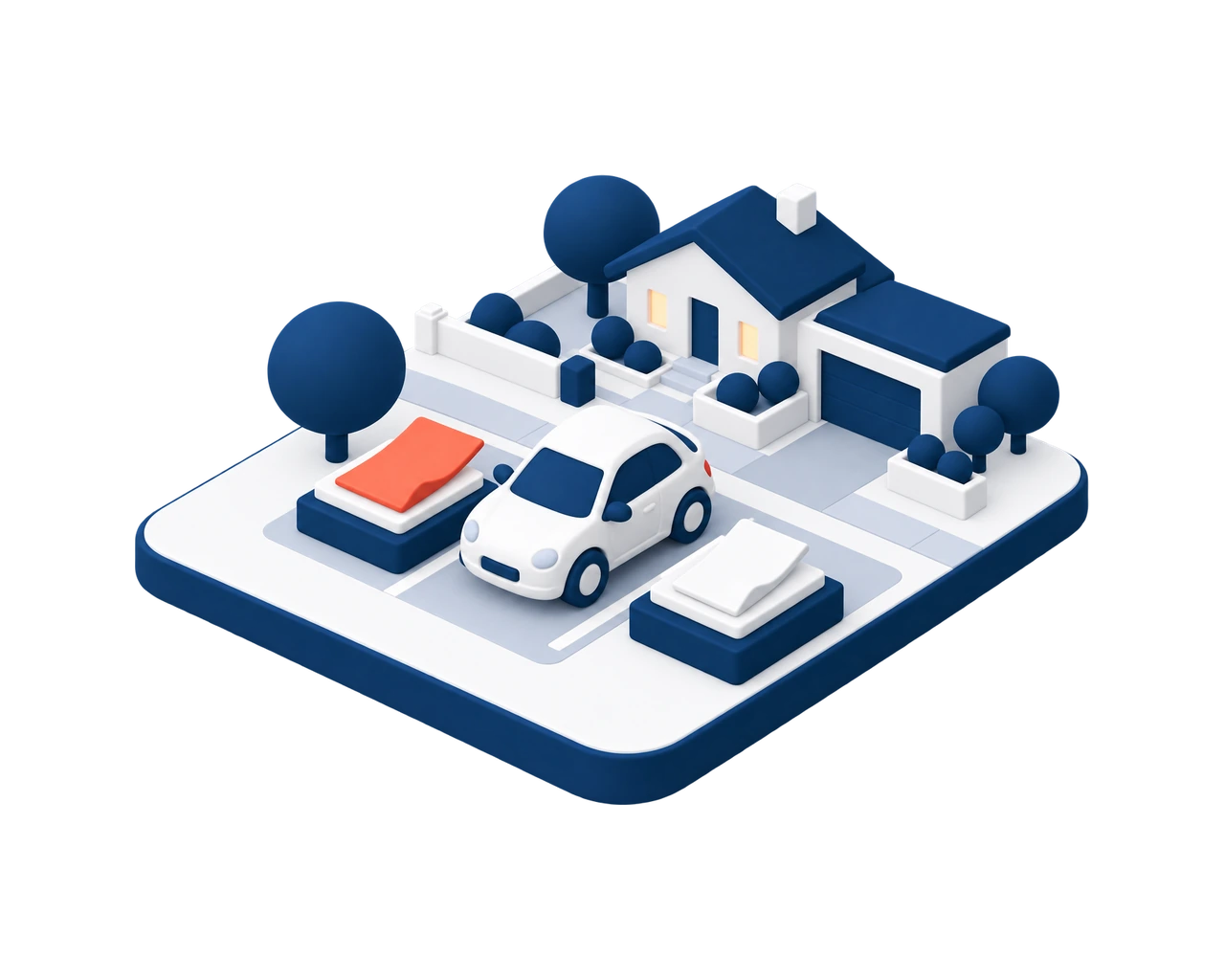 Illustration isométrique : une petite voiture générique entre deux documents posés sur des socles, devant une maison