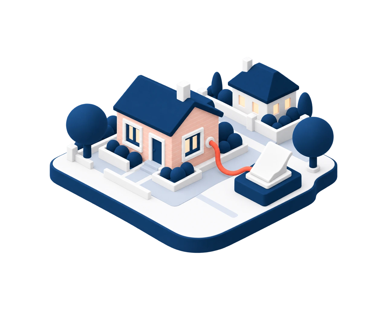 Illustration isométrique : une maison en brique reliée par un cordon à un document posé à côté