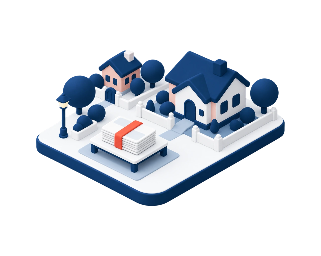Illustration isométrique : un logement à part et, devant lui, une pile de fiches de crédit réunies par une bande