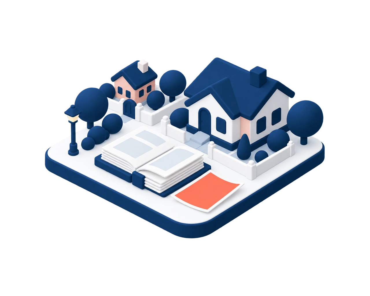 Illustration isométrique : un logement et un acte ouvert dont une page est détachée et posée à part