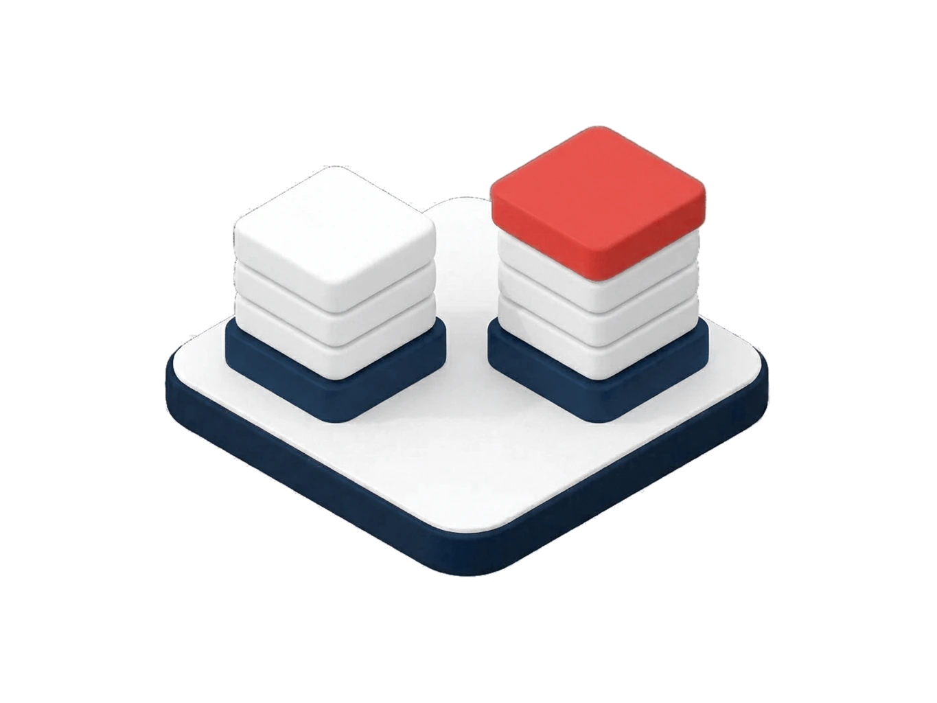 Illustration isométrique : deux piles de blocs identiques sur deux socles, la seconde surmontée d'un bloc de plus