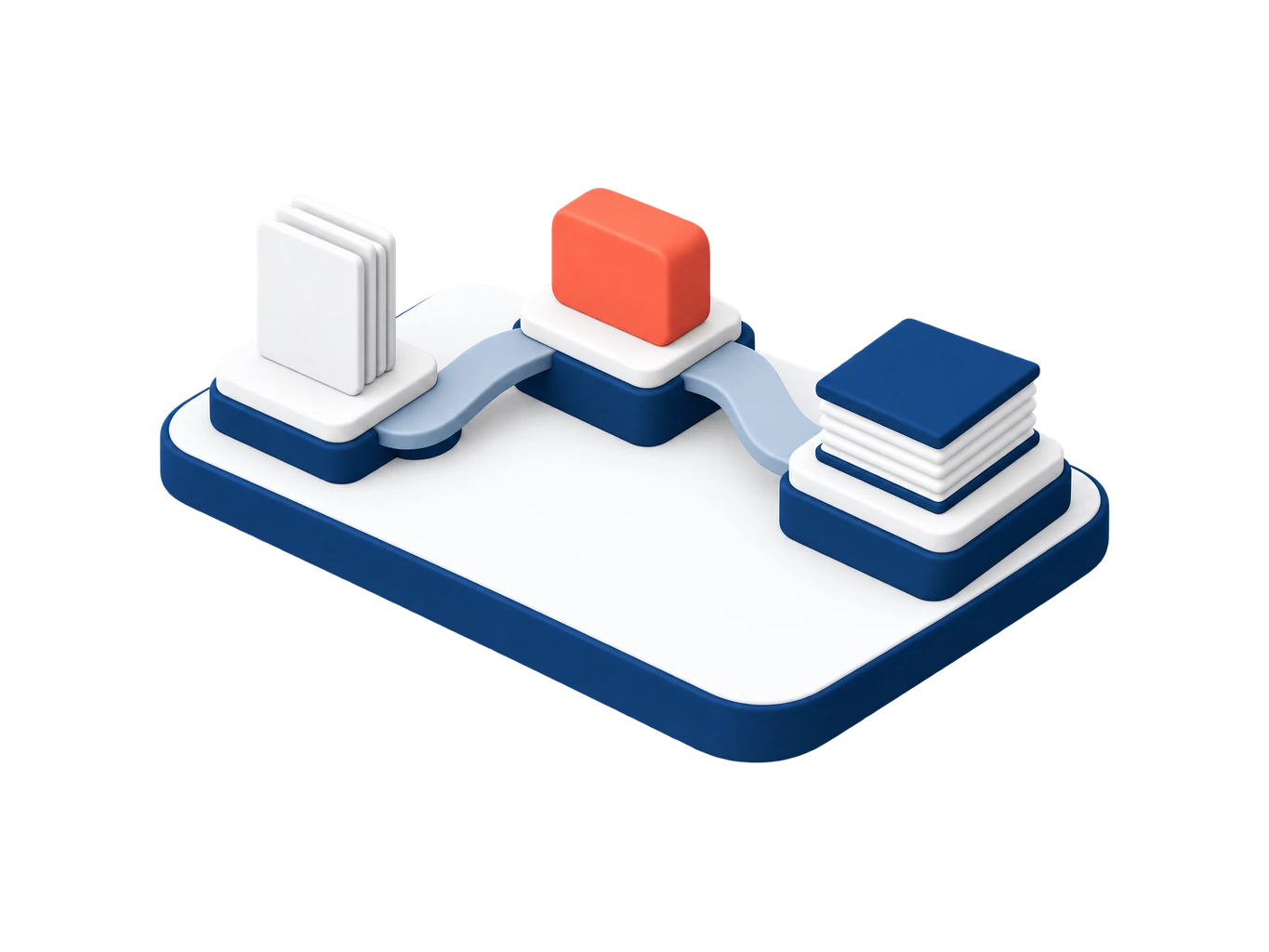 Illustration isométrique : trois objets reliés par un même chemin, un document, un bloc arrondi et un document de prêt