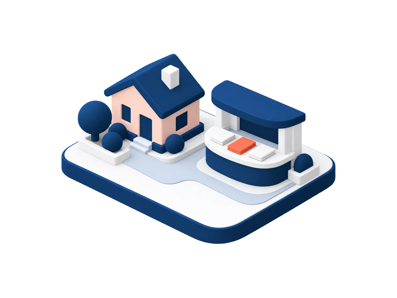 Illustration isométrique : un comptoir de guichet vide portant trois fiches, une petite maison à côté