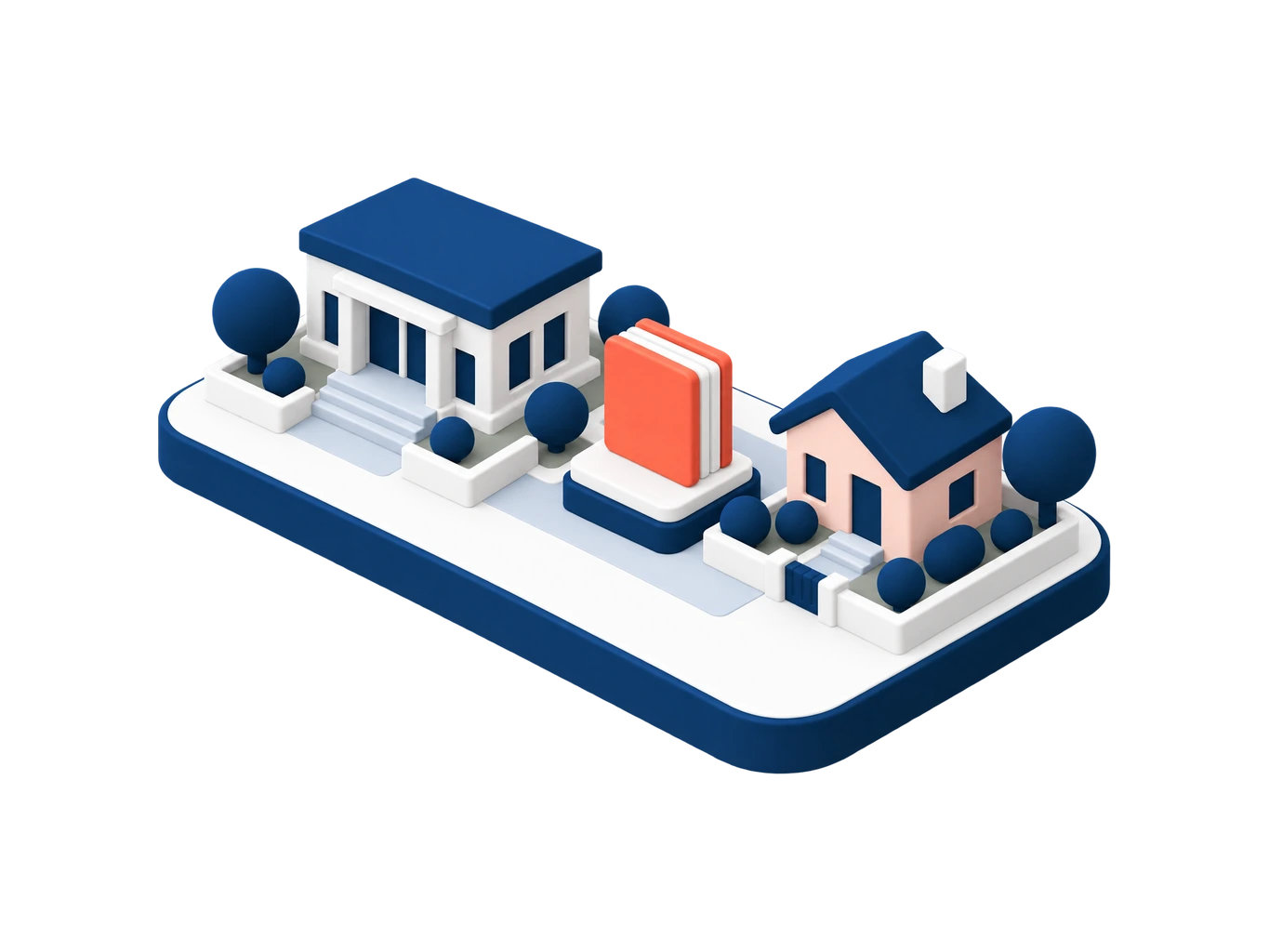 Illustration isométrique : un petit bâtiment public et une maison, un document posé entre les deux