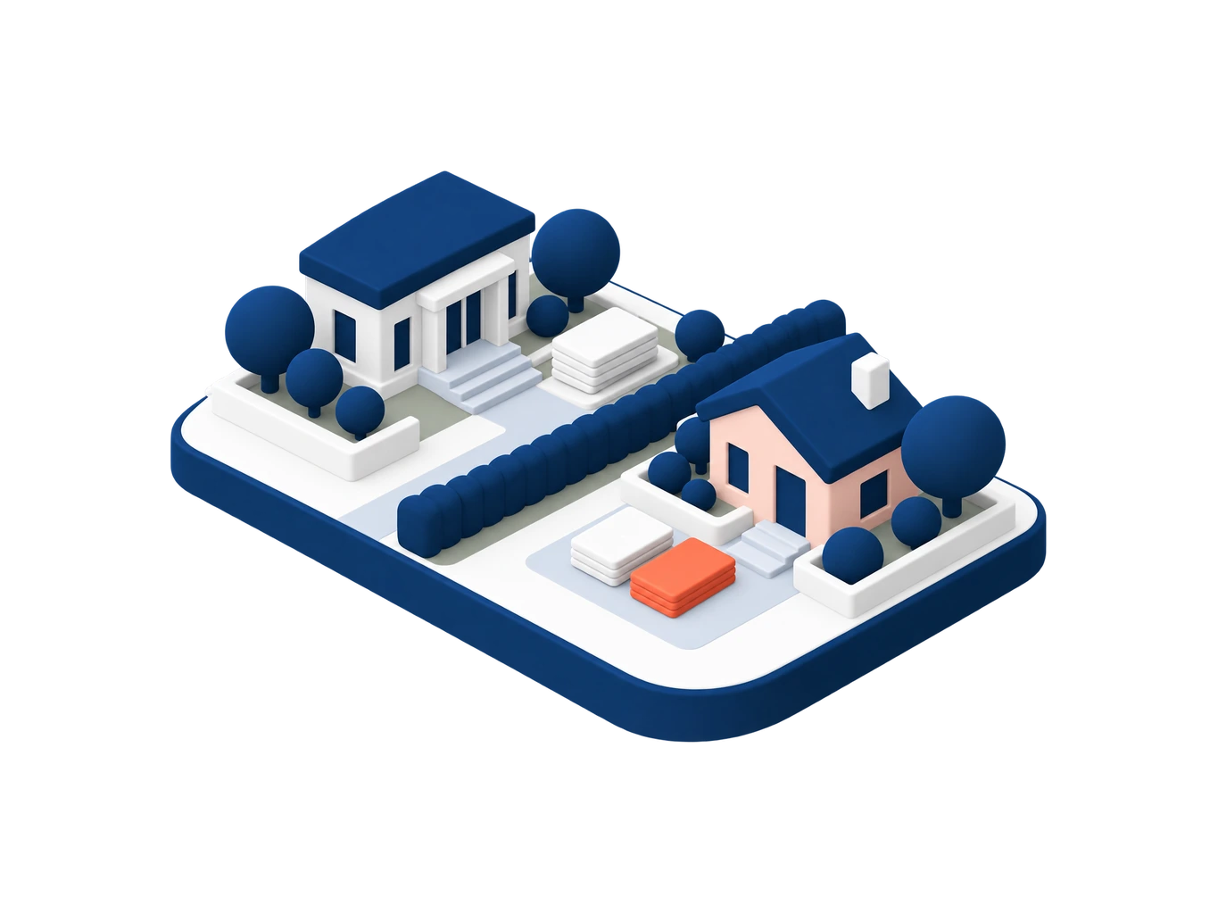 Illustration isométrique : une haie basse traverse la dalle, bâtiment public d'un côté, maison et documents de l'autre
