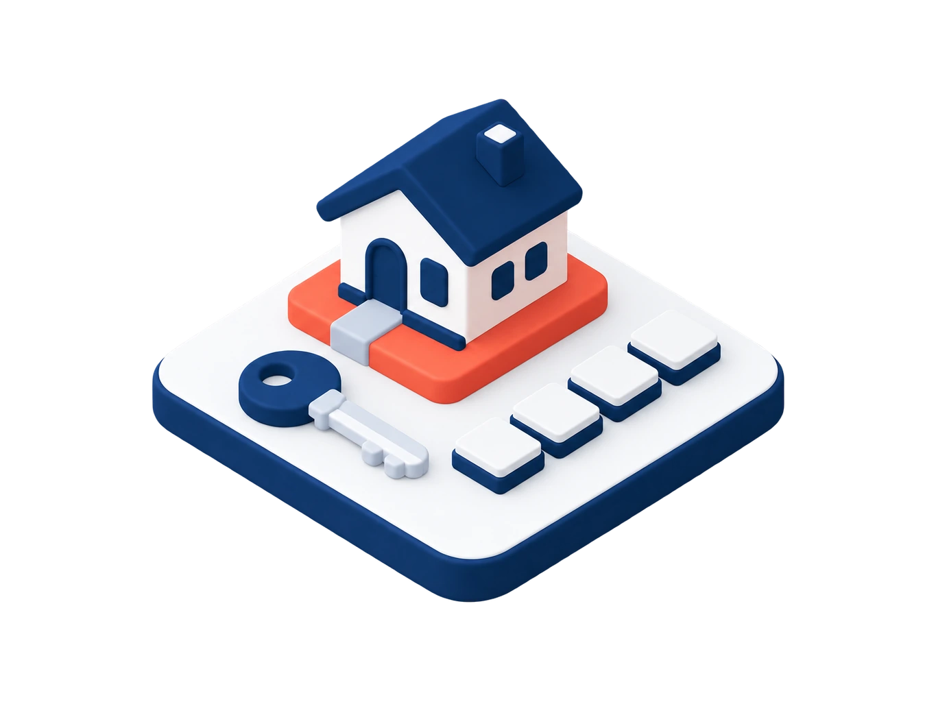 Illustration isométrique : un petit logement posé sur un socle, une rangée de tuiles régulières et une clé